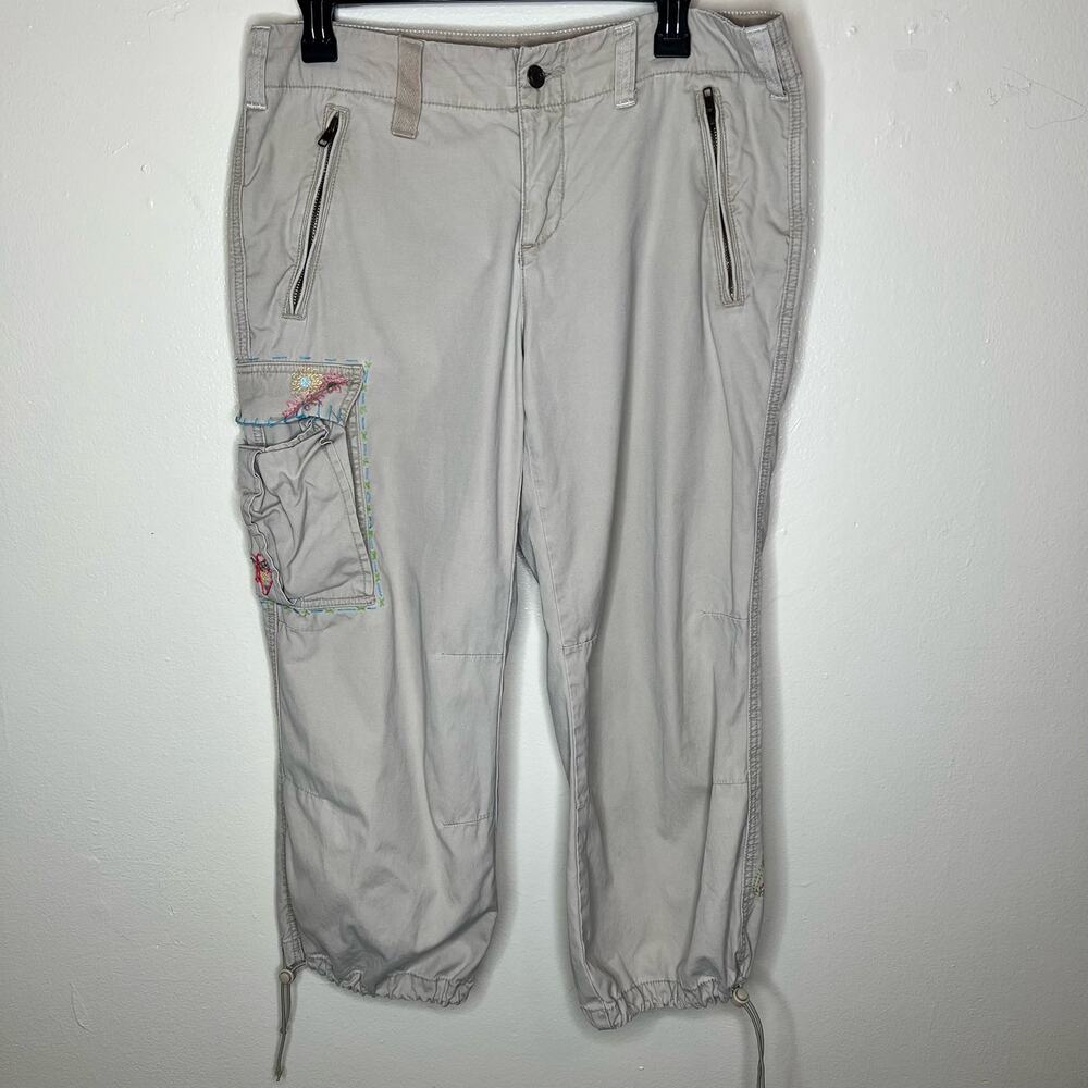 Y2K Express Precision Fit Cargo Pants 12 Embroidered Floral Crop Beige Vintage
